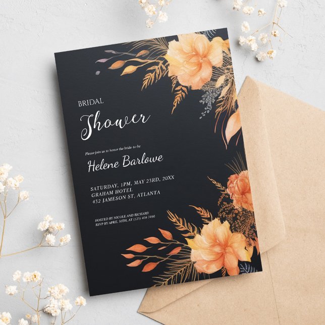 Invitación Ducha nupcial floral moderna y negra (Black Modern Floral Bridal Shower Invitation)