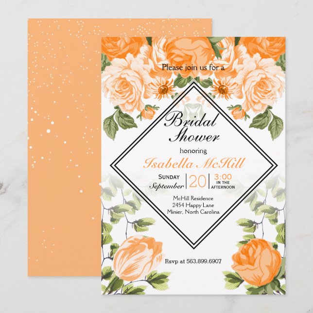Invitación Ducha nupcial - Floral Naranja (Anverso / Reverso)