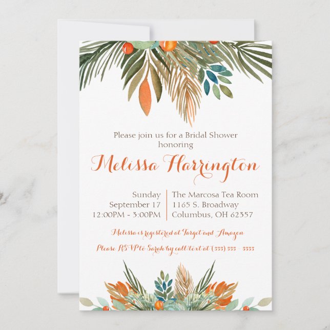 Invitación Ducha nupcial floral naranja, verde y marrón (Anverso)