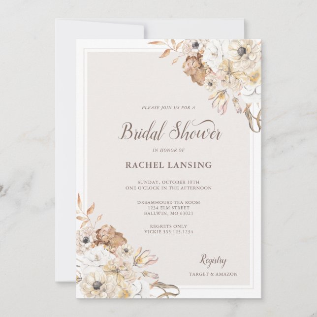 Invitación Ducha nupcial floral neutra acuarela (Anverso)