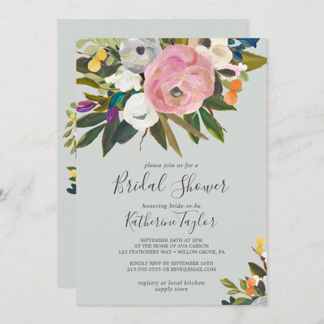 Invitación Ducha nupcial floral pintada (Anverso / Reverso)