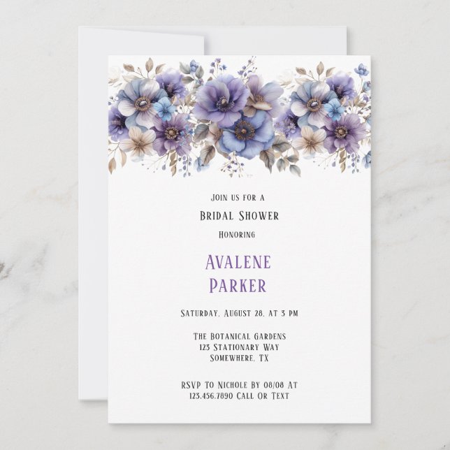 Invitación Ducha nupcial floral pintada azul púrpura (Anverso)