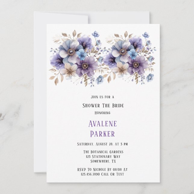 Invitación Ducha nupcial floral pintada azul púrpura (Anverso)