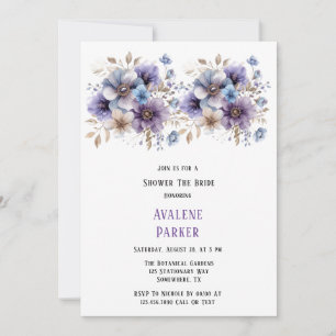 Invitación Ducha nupcial floral pintada azul púrpura
