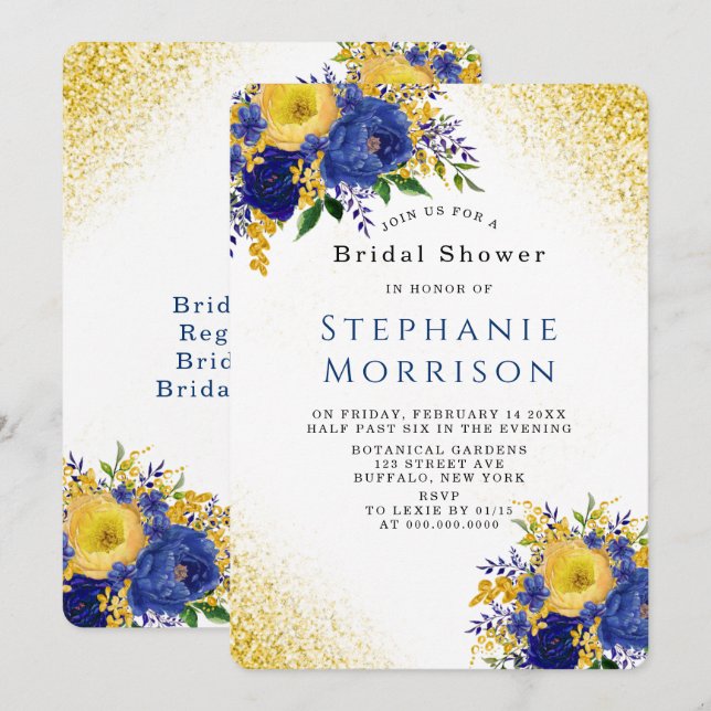 Invitación Ducha nupcial floral pintada de oro azul y amarill (Anverso / Reverso)