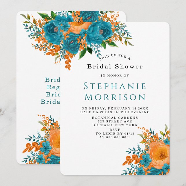 Invitación Ducha nupcial floral pintada verde azulada y Naran (Anverso / Reverso)