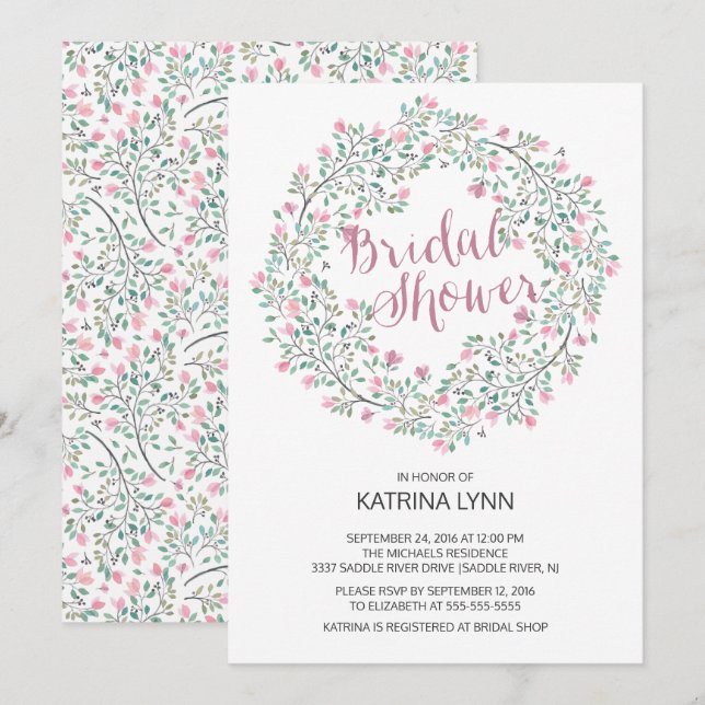 Invitación Ducha nupcial floral rosa Bonito (Anverso / Reverso)