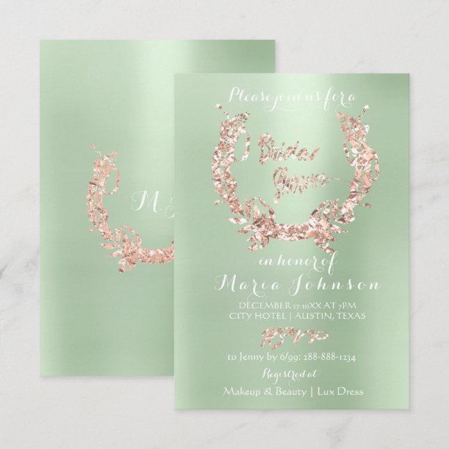 Invitación Ducha nupcial Floral Rosa de guirnalda de oro Mint (Anverso / Reverso)