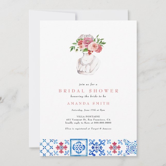 Invitación Ducha nupcial floral rosa de mosaico mediterráneo (Anverso)