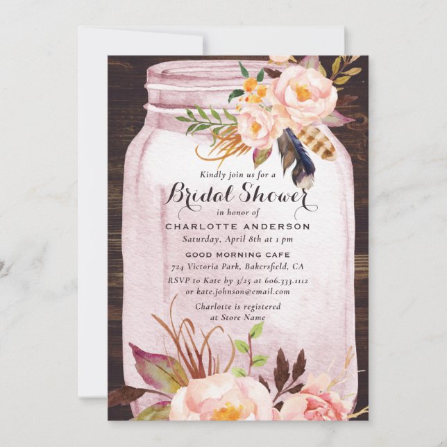 Invitación Ducha nupcial floral rosa mason jar de Rubor bohem (Anverso)