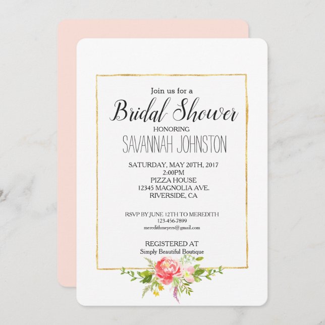 Invitación Ducha nupcial floral rosada de Rubor (Anverso / Reverso)