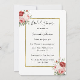 Invitación Ducha Nupcial Floral Rosas Rojas Rosadas Oro Blanc