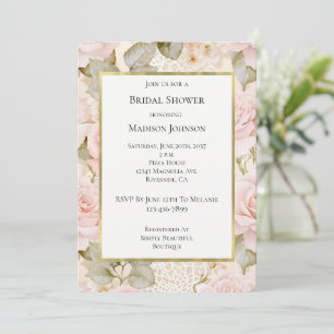 Invitación Ducha Nupcial Floral Rosas Rosadas Crema Dorada