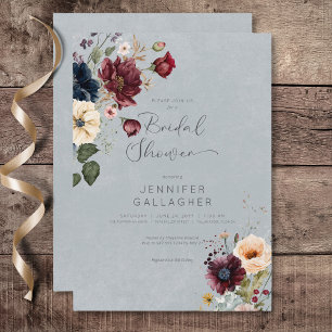 Invitación Ducha Nupcial Floral Rústica Azul Burdeos y Crema