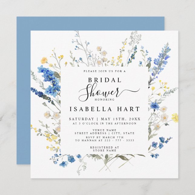Invitación Ducha nupcial floral salvaje Dusty Blue Dainty (Anverso / Reverso)