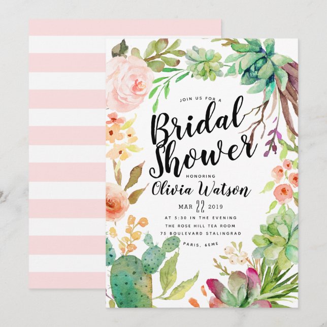 Invitación Ducha nupcial floral suculenta del cactus moderno (Anverso / Reverso)