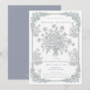 Invitación Ducha Nupcial Floral Toile Chinoiserie Azul