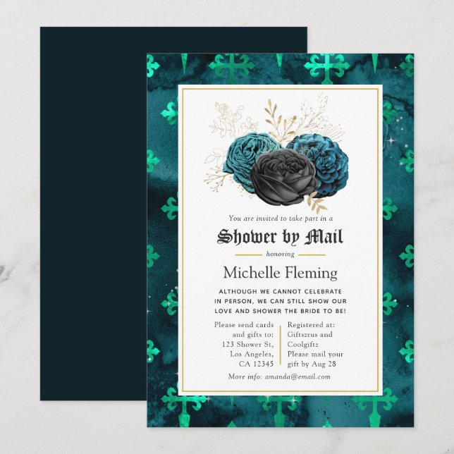 Invitación Ducha nupcial floral verde azulada, negra y dorada (Anverso / Reverso)