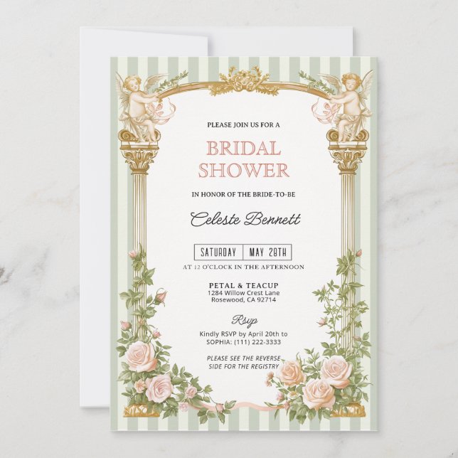 Invitación Ducha Nupcial Floral Verde Salvia Querubín  (Anverso)