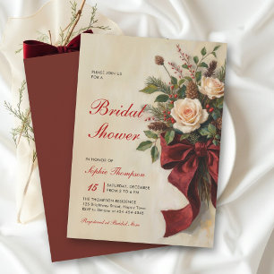 Invitación Ducha Nupcial Floral Vintage Roja de Navidad