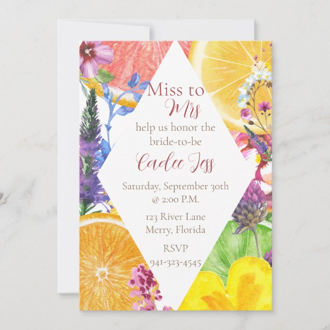 Invitación Ducha nupcial floral y de cítricos (Anverso)