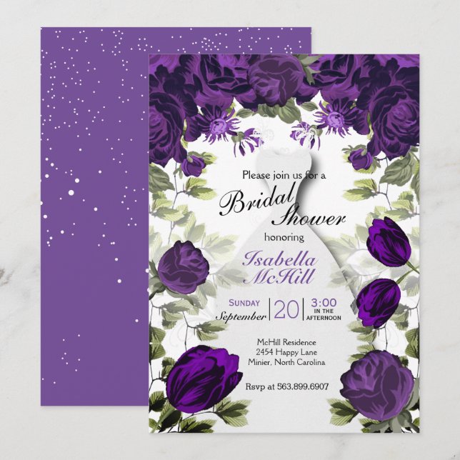 Invitación Ducha nupcial - Flores Botánicas Plum Purple (Anverso / Reverso)