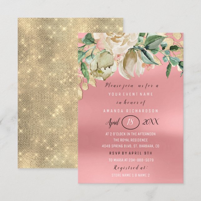 Invitación Ducha nupcial Flower Brunch Spark Gold Pink (Anverso / Reverso)