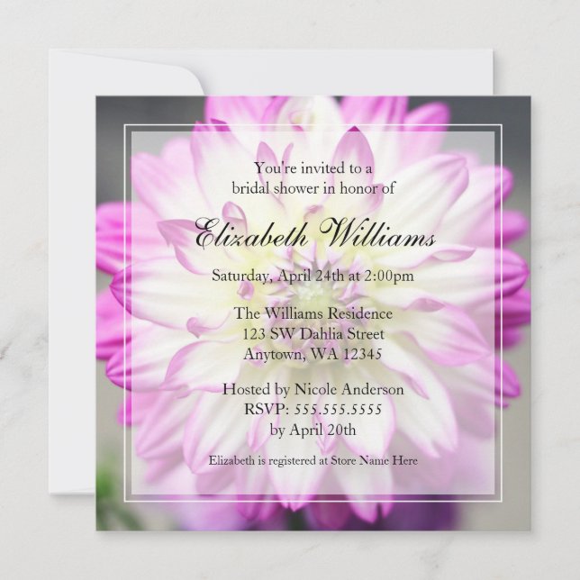 Invitación Ducha nupcial Fuschia Rosa y Dahlia Blanca (Anverso)