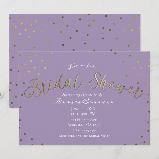 Invitación Ducha Nupcial Glam Moderna Lila Dorado y Púrpura (Anverso / Reverso)
