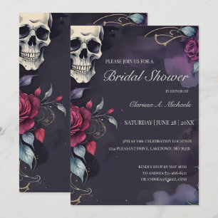 Invitación Ducha Nupcial Gótica de Cráneo y Rosa Floral Oscur
