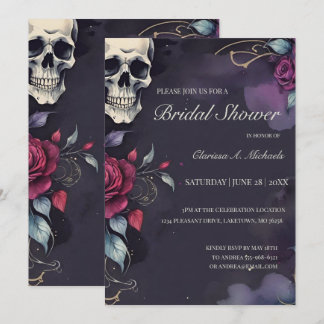 Invitación Ducha Nupcial Gótica de Cráneo y Rosa Floral Oscur