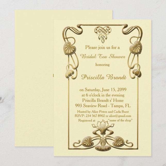 Invitación Ducha nupcial, gran estilo Gatsby, marfil y oro (Anverso / Reverso)