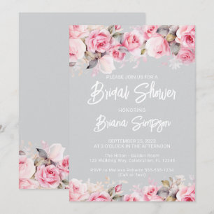 Invitación Ducha Nupcial Gris Floral Rosa