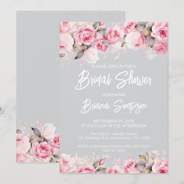 Invitación Ducha Nupcial Gris Floral Rosa  (Anverso / Reverso)