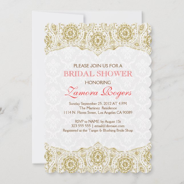 Invitación Ducha nupcial Invita a damascos blancos de encaje  (Anverso)