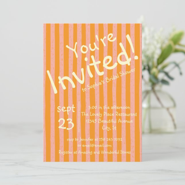 Invitación Ducha Nupcial Invitada Franja Naranja Rubor (Anverso de pie)