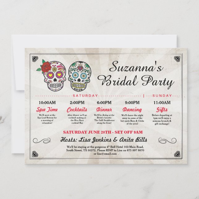 Invitación Ducha nupcial Itineraria Bachelorette Sugar Skulls (Anverso)