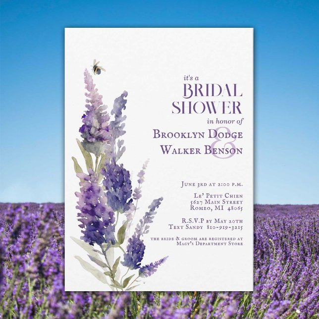 Invitación Ducha nupcial Lavanda Botánica Floral Púrpura (Beautiful botanical shower invitation with watercolor lavender blooms. Editable for any occasion.)