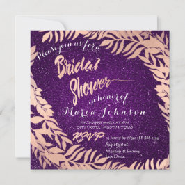 Invitación Ducha nupcial Leafs Purpurina Rosa Violeta de Oro 