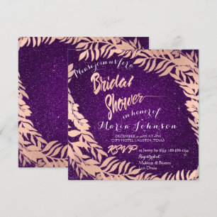 Invitación Ducha nupcial Leafs Purpurina Rosa Violeta de Oro