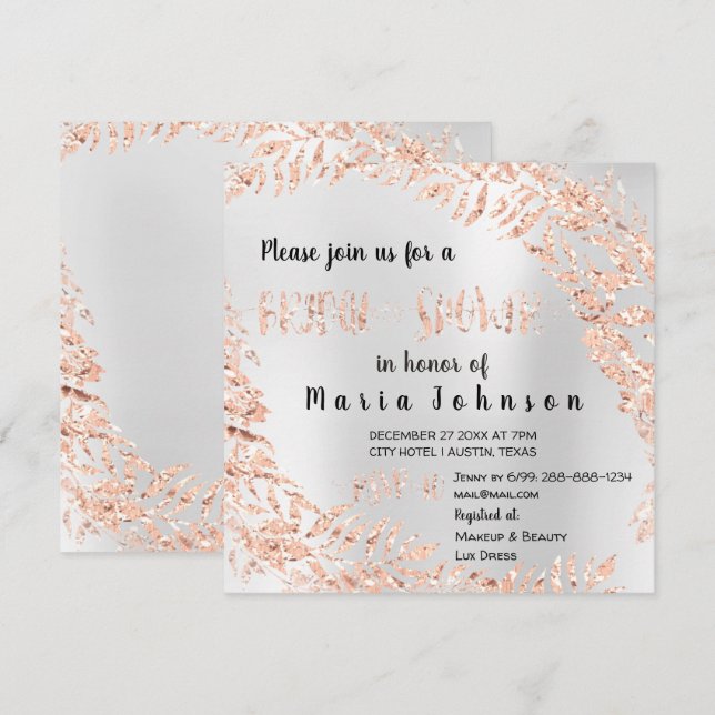 Invitación Ducha nupcial Leafs Wrath Purpurina Rosa Plata (Anverso / Reverso)