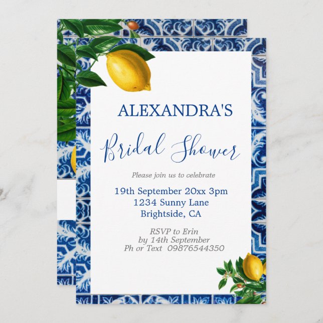 Invitación Ducha nupcial Lemons Blue White Tuscan Tile (Anverso / Reverso)