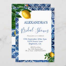 Invitación Ducha nupcial Lemons Blue White Tuscan Tile