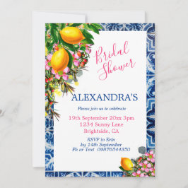 Invitación Ducha nupcial Lemons Floral Blue White Tile