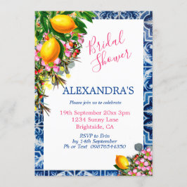 Invitación Ducha nupcial Lemons Floral Blue White Tile