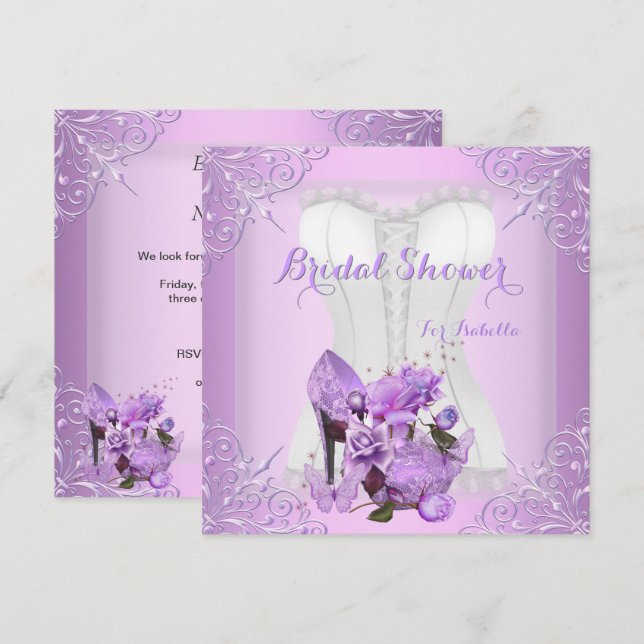 Invitación Ducha nupcial Lilac Rosa Hi Heat Lace Butterfly 2 (Anverso / Reverso)