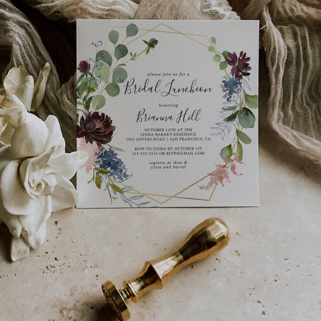 Invitación Ducha nupcial luncheana de oro de Borgoña (Subido por el creador)