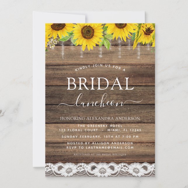 Invitación Ducha nupcial Luncheon Sunflower Rustic Farmhouse (Anverso)