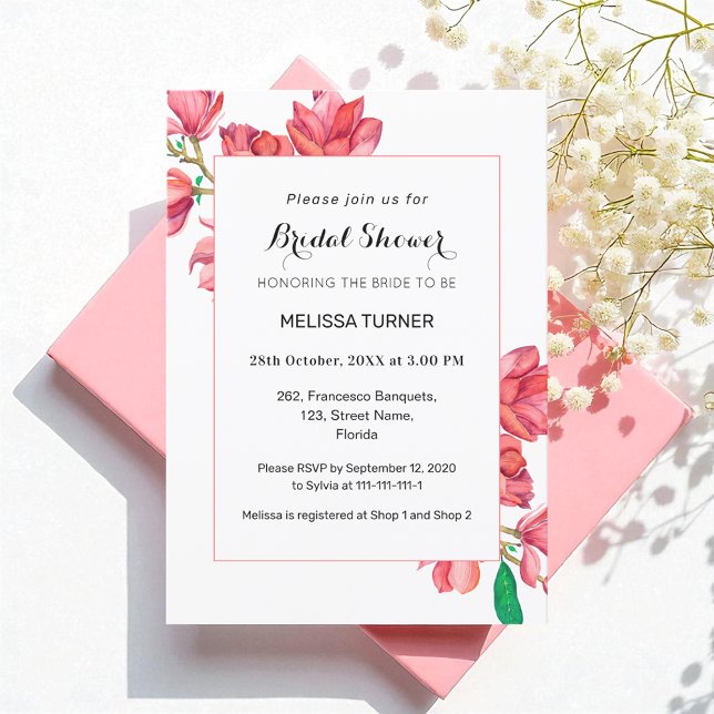 Invitación Ducha nupcial Magnolia floral blanca rosada (Subido por el creador)