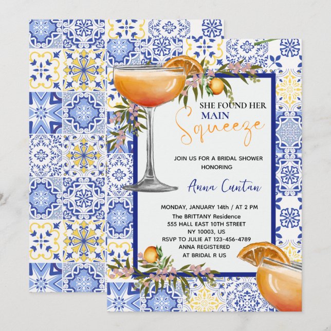 Invitación Ducha Nupcial Main Squeeze Azulejo Azul Limón (Anverso / Reverso)